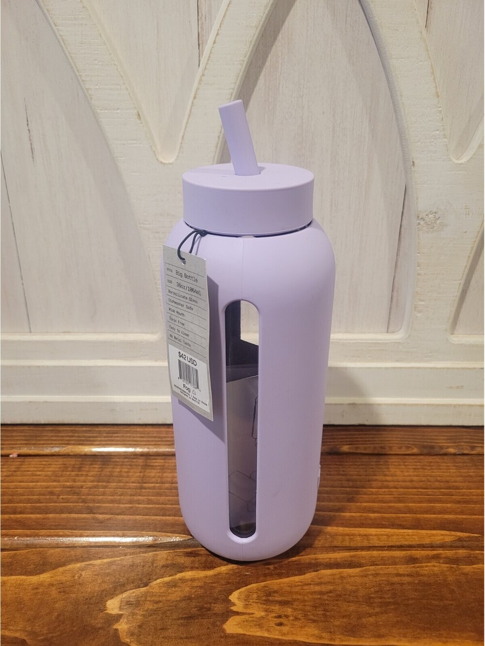 Bink 36 oz Big Water Bottle Screw Cap With Straw Fog Purple Borosilicate Glass